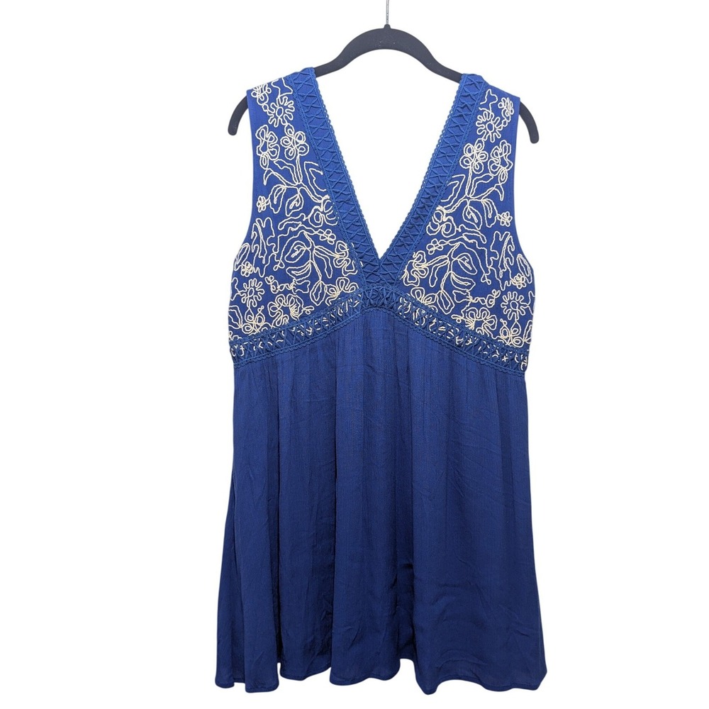 En Creme Embroidered Mini Dress Womens Large Colbalt Blue Boho Crochet Tassel
